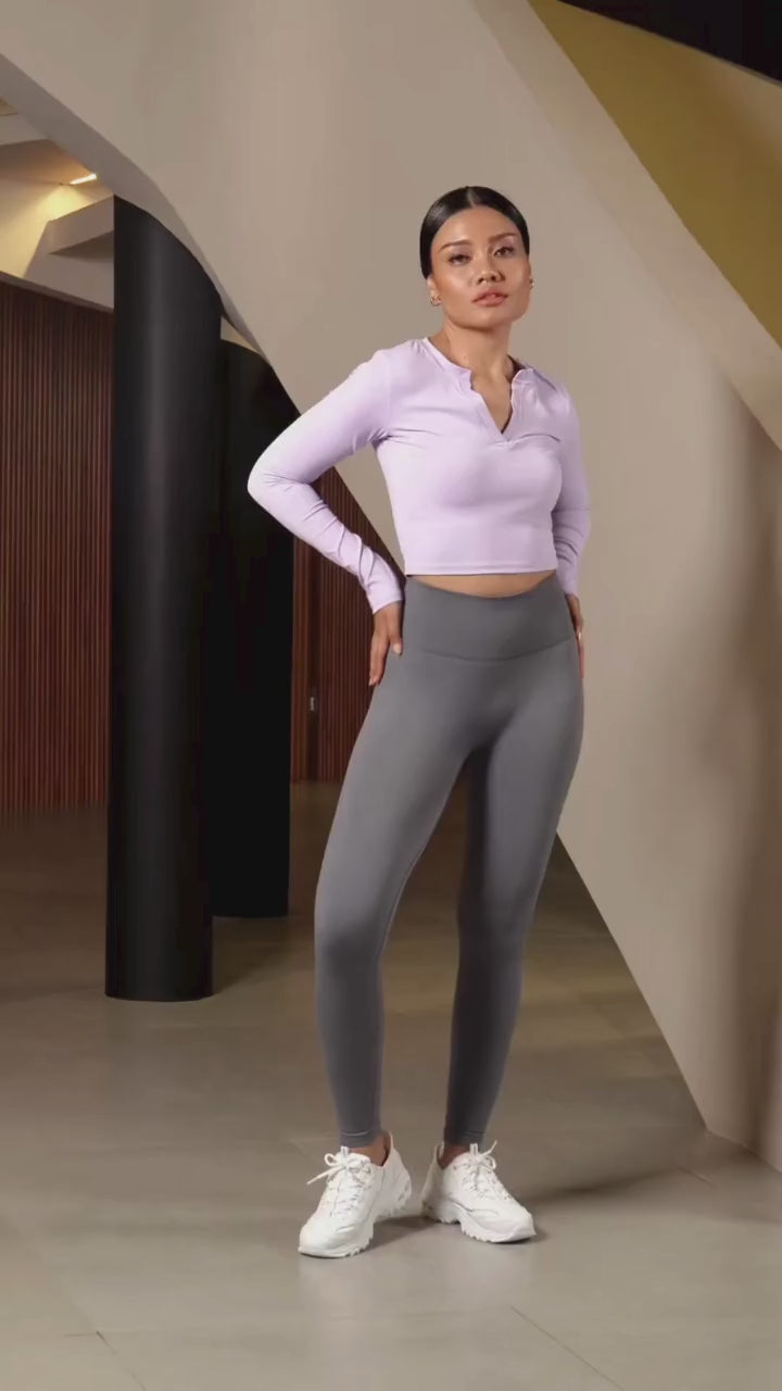 YANDA V Split Neck Long Sleeve Crop Top